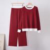 Womens Solid Color Knit Two-Piece Set: Crew Neck Pocket Sweater Wide-Leg Loose Pants Winter