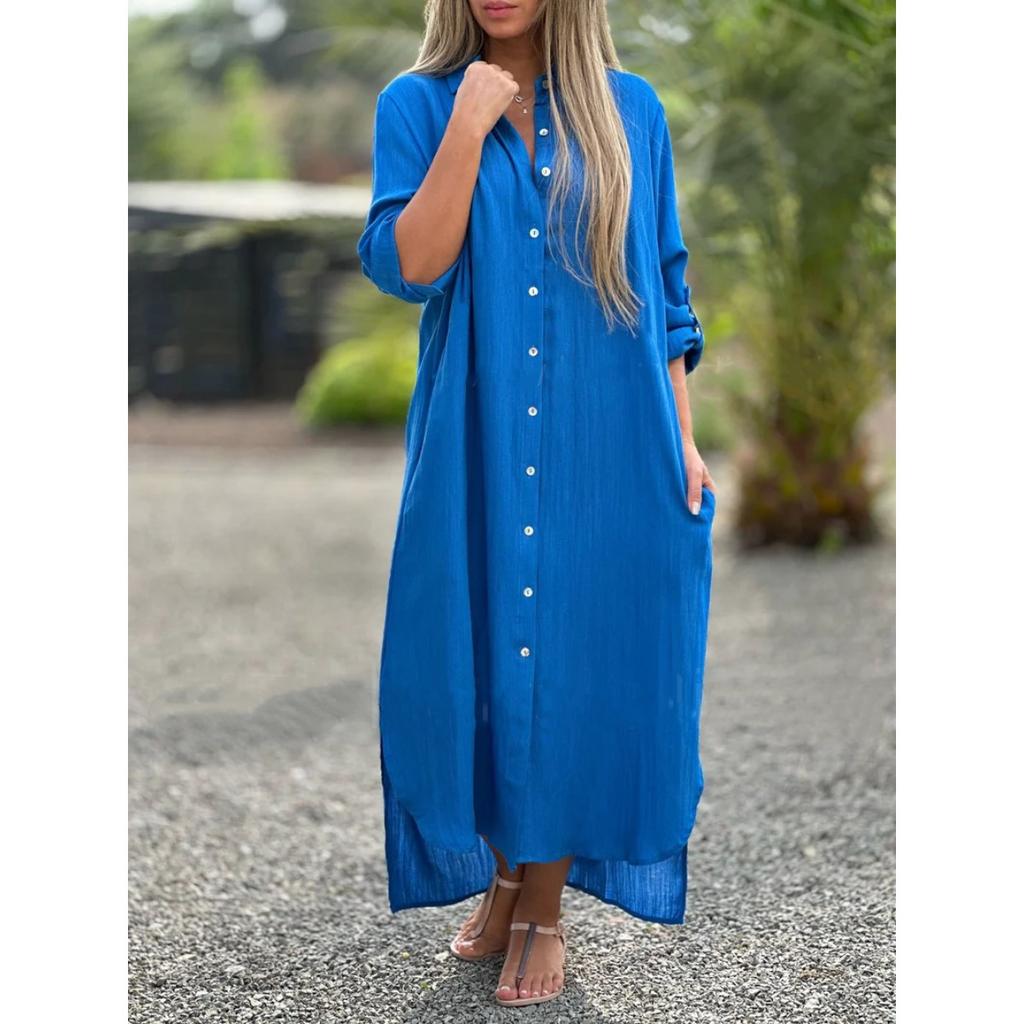 Women's Cotton Linen Long Shirt Dress Casual Fashion Long Sleeve Open Front Midi Dress