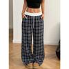 Pantaloni Casual Lunghi a Quadri con Vita Elastica e Gamba Larga, Stile Vintage Rilassato, per Donna