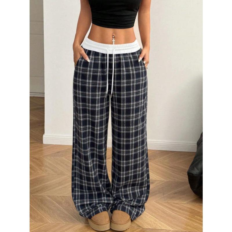 Pantaloni Casual Lunghi a Quadri con Vita Elastica e Gamba Larga, Stile Vintage Rilassato, per Donna