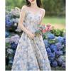 Women's French Blue Floral Strappy Maxi Dress & Waist-Cinched Skirt Cardigan Set - New Arrival for Spring/Summer 2026.