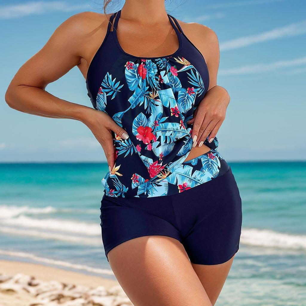 2025 European & American Print Tankini Swimsuit: Conservative Two-Piece with Shorts for Women