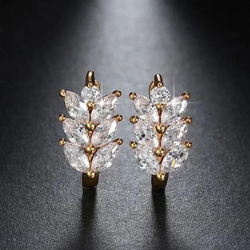 

Huitan Leaf-Shape Hoop Earrings For Women Marquise White Cubic Zirconia Fashion Small Circle Trendy Jewelry Accessory