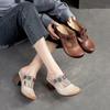 Ethnic Style Flower Mid Heel Slippers Summer New Round Toe Retro Comfortable Versatile Women Shoes Outside Slides