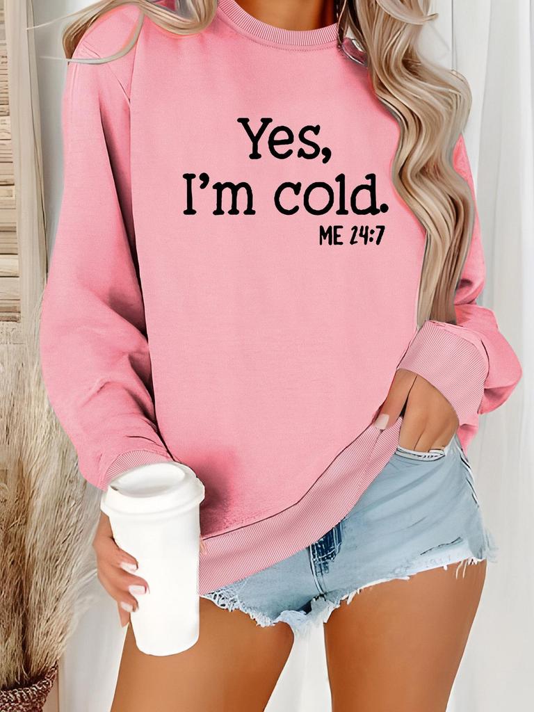 Women's Autumn/Winter Plus Velvet Hoodie with Back Tie Collar, Round Neck, and "YES I'M COLD" Print - Bestseller