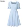 ZANZEA Womens Square Collar Casual Mesh Splice Short Sleeve A-Line Dress