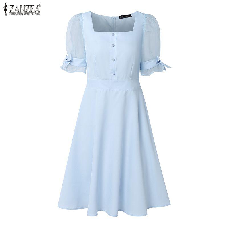 ZANZEA Womens Square Collar Casual Mesh Splice Short Sleeve A-Line Dress