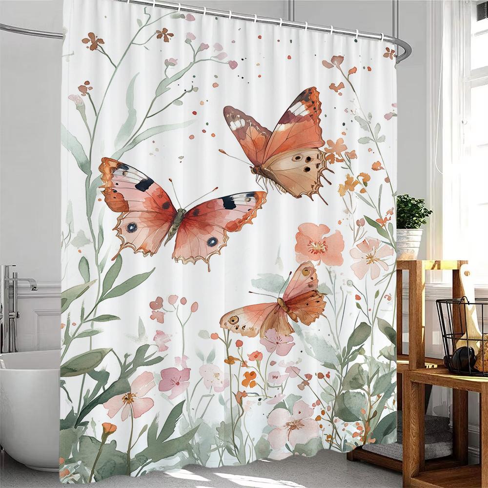 Butterfly Floral Shower Curtain Rose Flowers Plant Botanical Bathroom Decor Elegant Polyester Fabric Bath Curtain with Hook