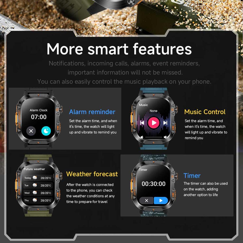 Vojenské chytré hodinky s vestavěným GPS, kompasem, výškoměrem, vodotěsností 3ATM IP69K, AMOLED displejem, Bluetooth voláním, 2,01" chytré hodinky pro Android a iOS