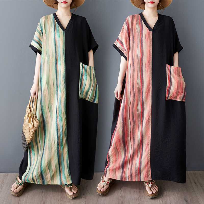 

Summer V-neck Short Sleeved Patchwork Dress for Women one size