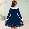 Girls Furry Collar Long Sleeve Dark Blue Snowflake Printed A Line Dress With Big Bow