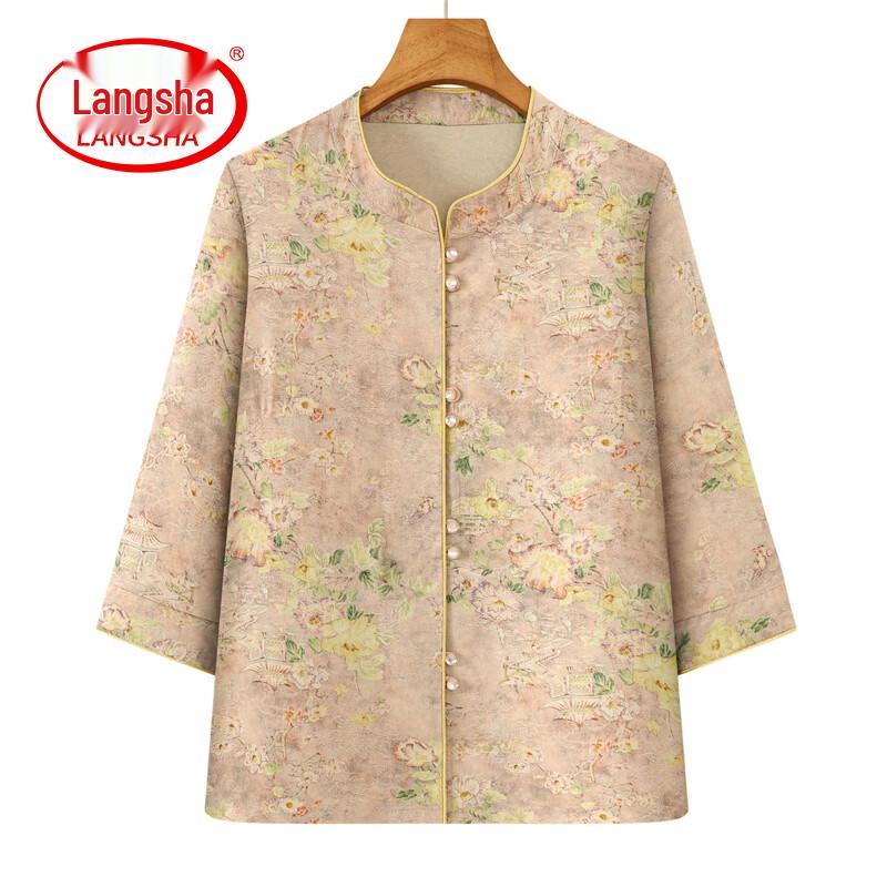 Retro Floral Seven-Sleeve Button Shirt for Middle-Aged Women L