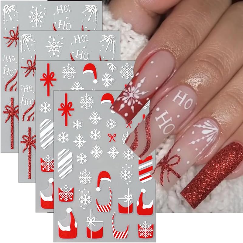 4 Sheets Christmas Nail Stickers for Nail Art 3D Self-Adhesive White Snowflake Nail Art Stickers Winter Xmas Tree Elk Design French Tip Nail Decals