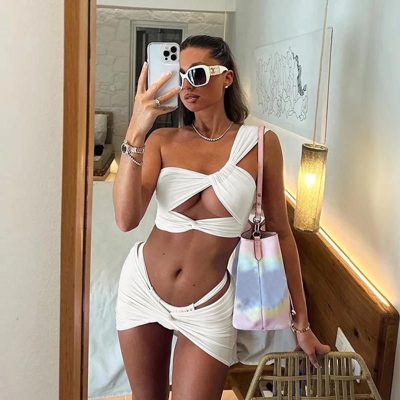 Sexy Ein Schulter Bikini Rock 3-teiliges Set Damen Einfarbig Geteilt Badeanzug Strand Neu Sommer Bademode Set