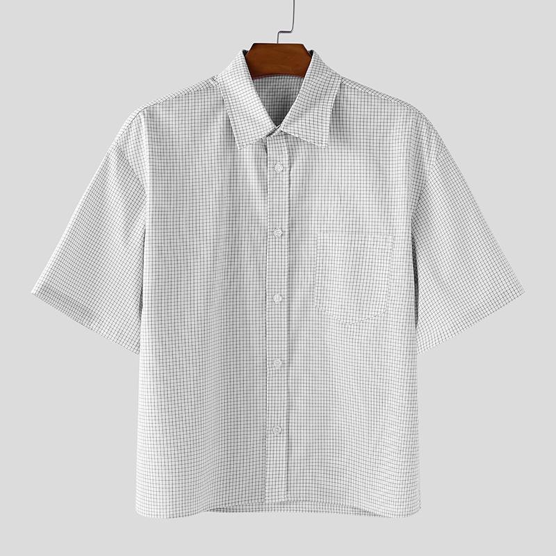 

INCERUN Oversized Men Lapel Neck Short Sleeve Plaid Print Casual Shirts 4XL чёрный