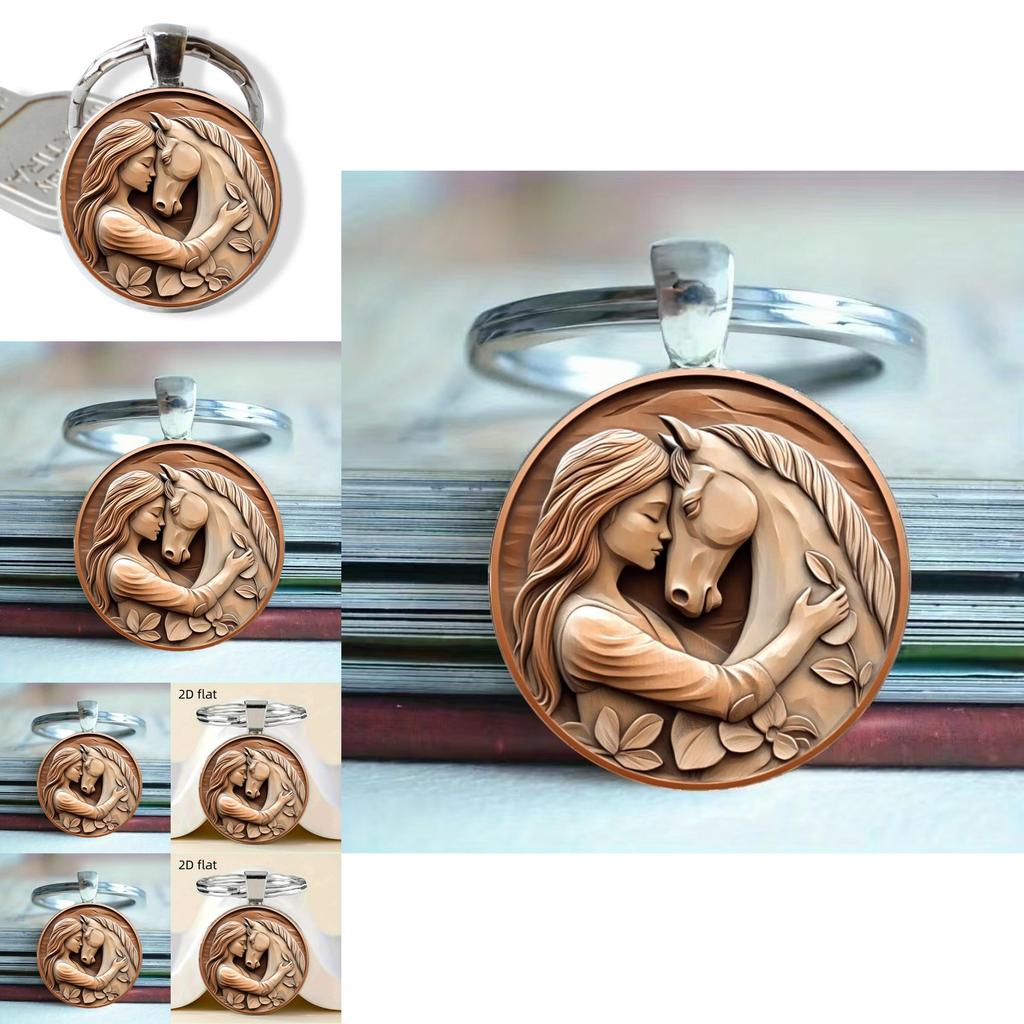 Wooden Style Girl And Horse Keyring With Zinc Alloy For Birthday And Special Occasion