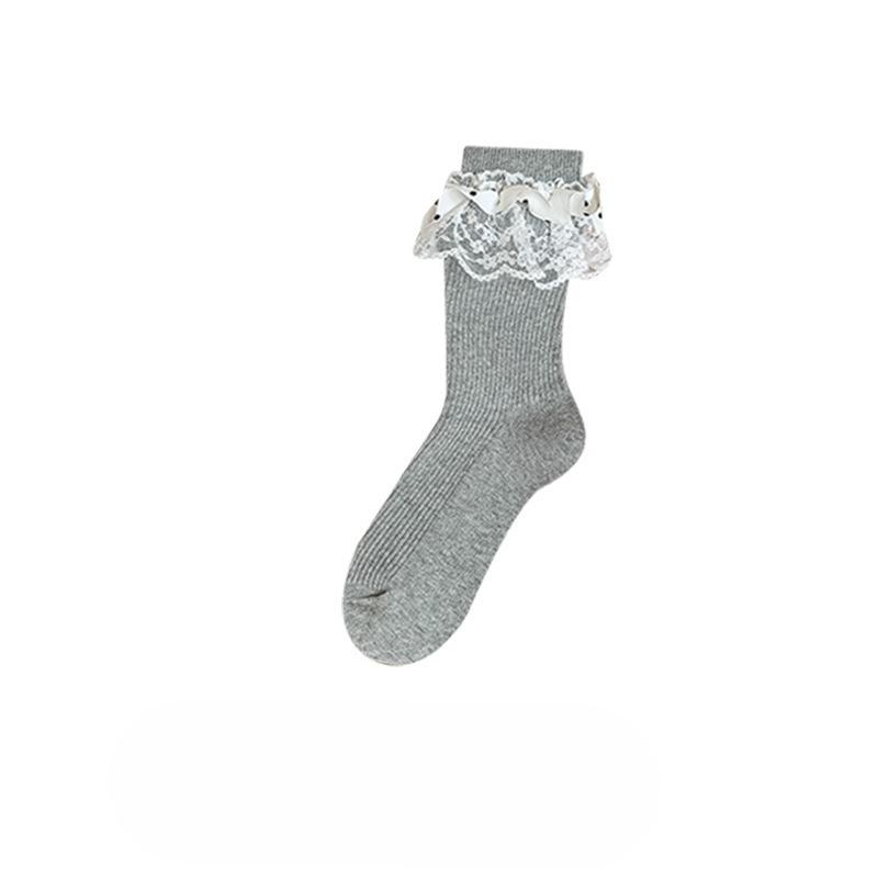 

Весенне-осенние носки, женские носки до середины икры с кружевом и в горошек, черно-белые махровые носки, осенне-зимние носки до середины икры 1 pair светло-серый