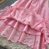 Elegant Summer Midi Dress for Women O-Neck High Waist Solid Spliced Lace with Embroidered Flowers Long Dress New Fashion