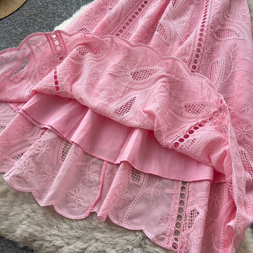 Elegant Summer Midi Dress for Women O-Neck High Waist Solid Spliced Lace with Embroidered Flowers Long Dress New Fashion