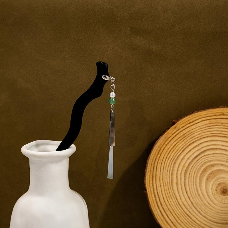New Chinese Style National Style Jade Tassel Hairpin Light Luxury Style Pearl Hair Ornaments Niche Design Back of The Head Coiffure Hair Fork