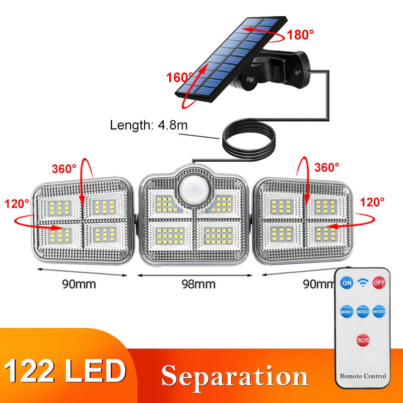 LED Solar Lights Outdoor 3 Head Motion Sensor 270 Wide Angle Illumination Super Bright Waterproof Remote Control Wall Lamp