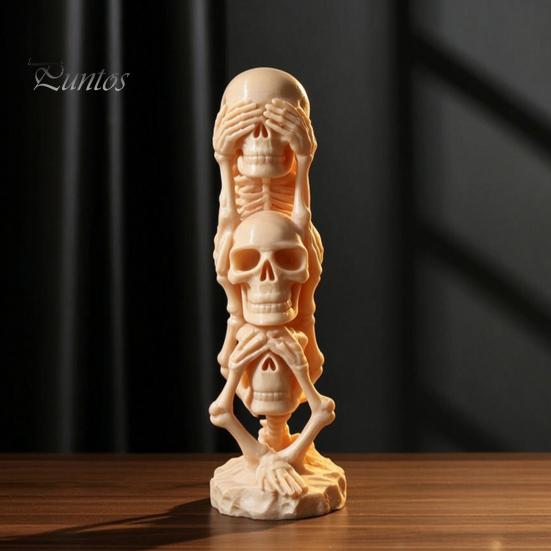Unique Dark Aesthetic Decor Triple Stacked Skulls Figurine, Spooky See Hear Speak No Evil Skeleton Head Artistic Bone Texture Figurine Statue,