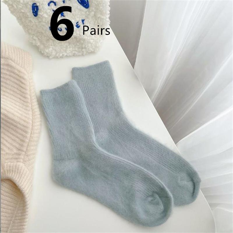 6 par Myke Angora Crew Sokker Pastellfarge Vintersokker dame Vinter Tykke Ensfarvede Tubesokker Varme Vintersokker Nyttårssokker