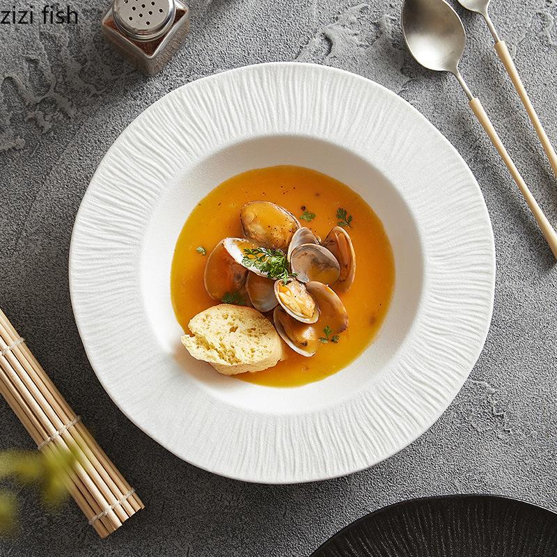 Solid Color Irregular Striped Ceramic Plate Creative Thick Soup Plate Pasta Dish Salad Dish Molecular Cuisine Featured Tableware