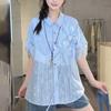 Striped Women's Short Sleeved Shirts Fashionable Lace Patchwork Bloues Korean Sweet and Simple Ladies Clothing