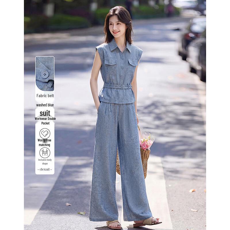 Stylish Washed Blue Women s Summer Suit with Belt