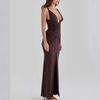 Spring and Autumn New European Beautiful Women Waist Split Dress Temperament Hip Pleated V Neck Sleeveless Long Dress