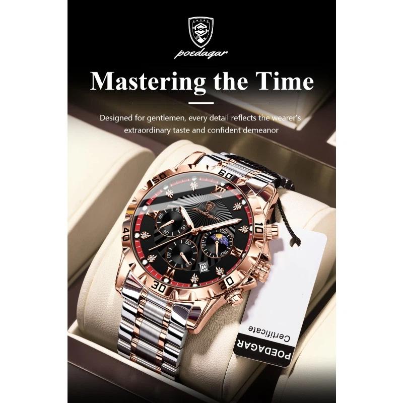 POEDAGAR Luxury Military Watch For Men Waterproof Luminous Chronograph Date Wristwatch Stainless Steel Quartz Watches