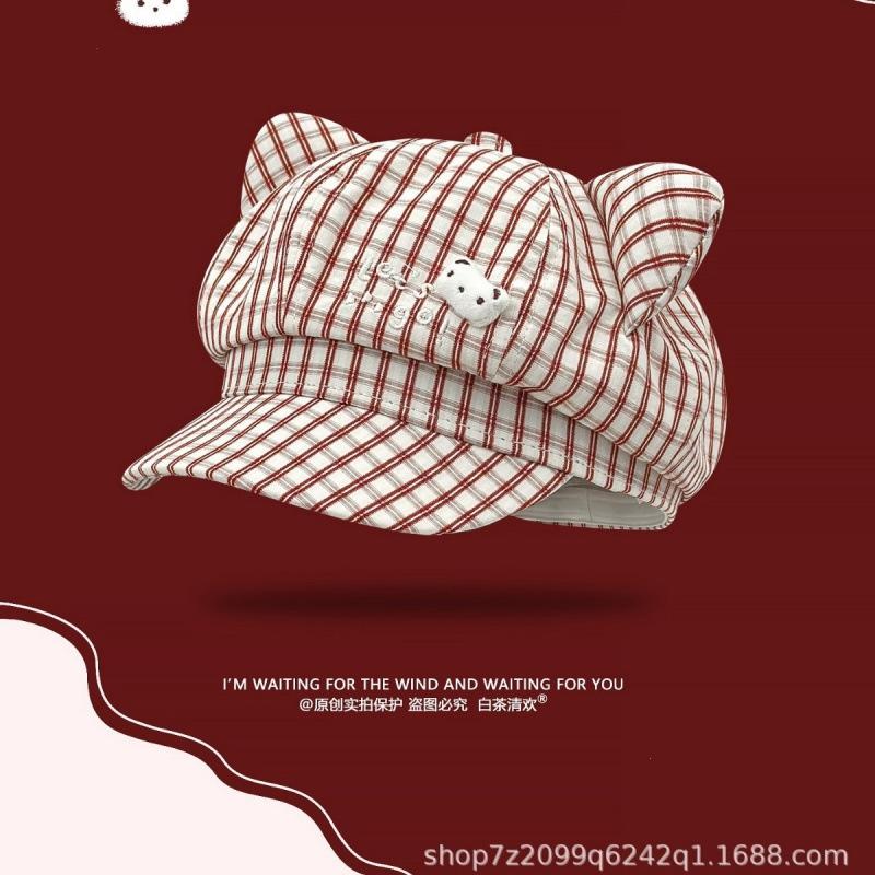 Japanese Cute Bear Plaid Ears Octagonal Hat Female Spring And Summer Thin Y2K Sweet Face Little Beret