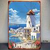 2D Flat, 1pc Greek Mykonos Windmill Coast Metal Sign - Durable Tin Decor, 8x12in(20x30cm), for Bar/Bedroom/Home
