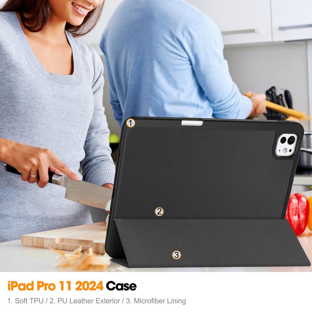 For iPad Pro 11 (2024) Leather Case Drop-proof Tri-fold Stand Tablet Cover with Pen Slot