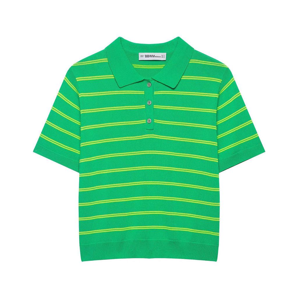 Spring 2026 European & American Women's Lapel Striped Short-Sleeve Knitwear