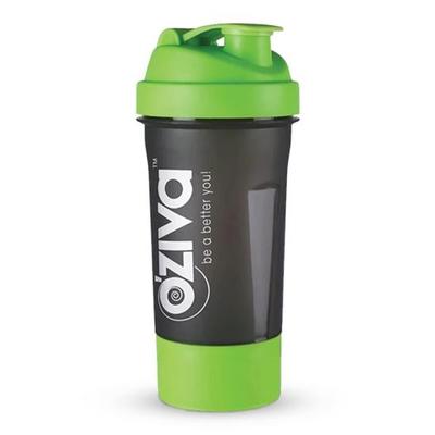 OZiva Gym Shaker Green Top, 600 ml s odnímatelnou úložnou přihrádkou a síťovaným sítkem, Shaker na proteinové koktejly, posilovnu a koktejly