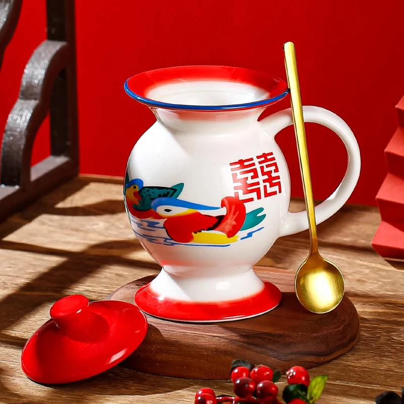 Mug Ceramic Spittoon Shape Water Cup Animal Printing in-Glaze Decoration Retro Funny Personalized Custom Red Blue Chinese Style