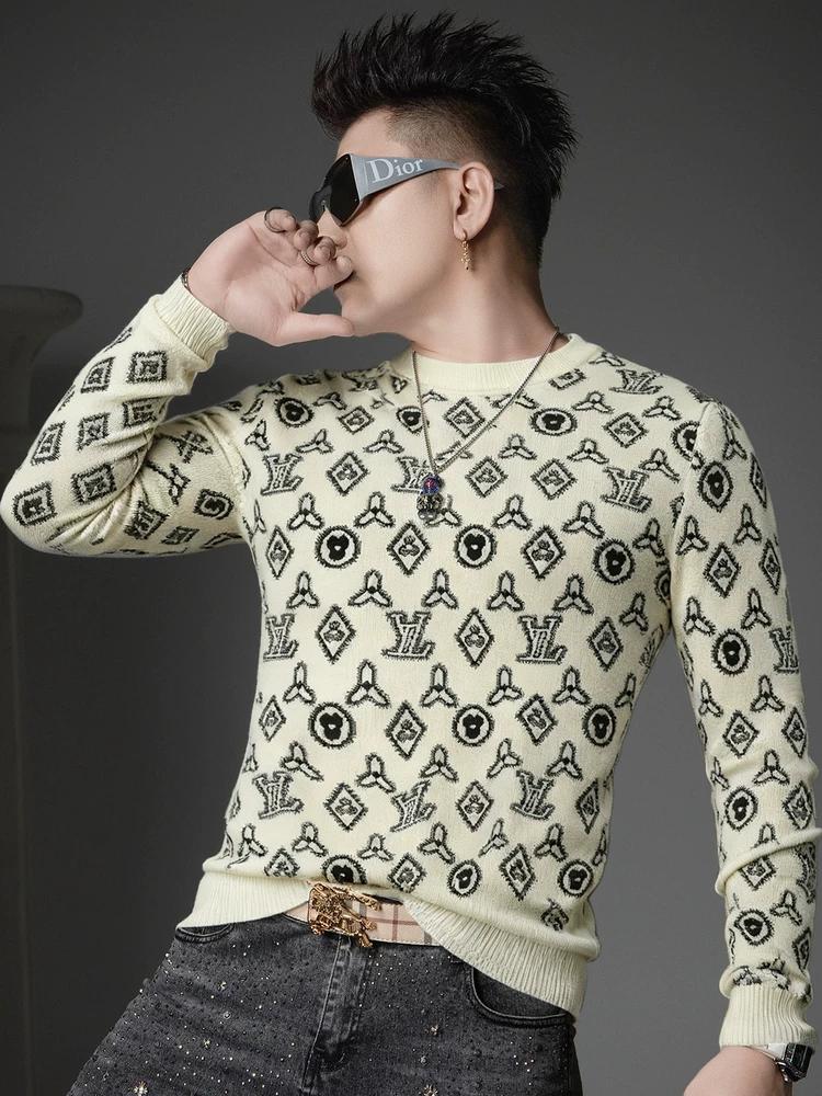 European Style Trendy Floral Long-Sleeve Knit Sweater for Men, 2025 Autumn and Winter New Round-Neck Sweater, Inner Layer Base Shirt