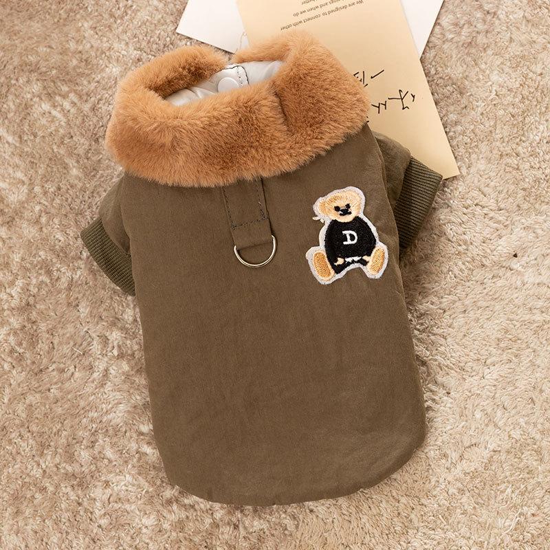 Autumn and winter pet jacket thickened warm cat bear embroidered lapel cotton coat dog can pull cat clothes