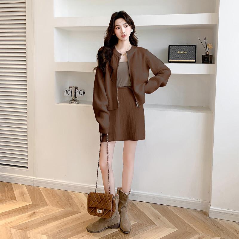 Women's Fashion Long Sleeve Knit Cardigan & Short Skirt Set