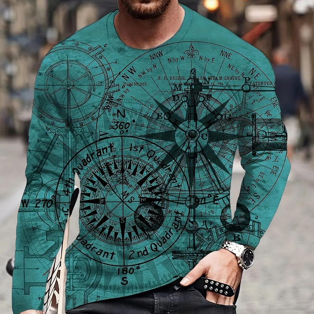 Compression Shirt Vintage Men's O-Neck Long Sleeved T-Shirt Nautical Print Tops Fitness Sunscreen Quick Dry Breathable T Shirts