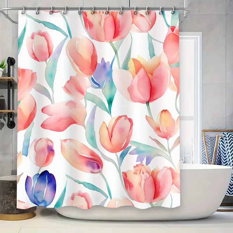 Watercolor Tulip Shower Curtain Decor for Bathroom Soft Fabric with Hooks Included in Multiple Colors