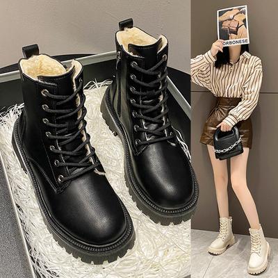 Martin Boots Women's Shoes Spring and Autumn 2024 New High-top Casual Platform Short Boots Square Root Lace-up Velvet Locomotive Boots Women