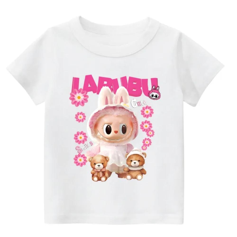 2025 New Children's T-shirt with Teddy Bear and LABUBU Printed Round Neck Short Sleeved Casual Girls' Top