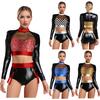 Conjuntos Metálicos Brillantes Clubwear para Mujer Estampado de Serpiente Manga Larga Crop Tops+Pantalones de Cintura Alta para Raves Disco Baile