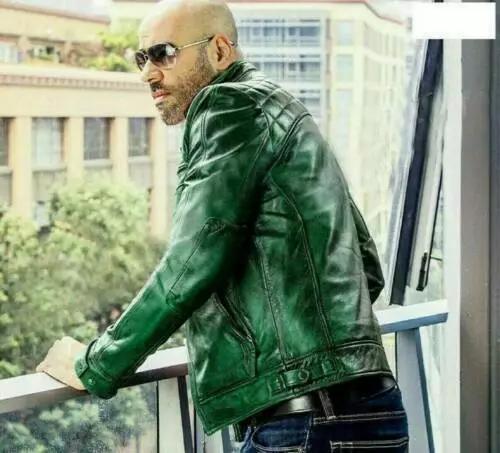 Zelená stylová bunda Pánská slavnostní Slim fit motorkářská jehněčí kůže na motocyklu