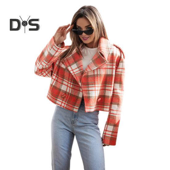 

Осень-зима Женская куртка с отложным воротником, клетчатым принтом, длинными рукавами, свободный кардиган с пуговицами, английское короткое пальто верхнего типа M оранжевый