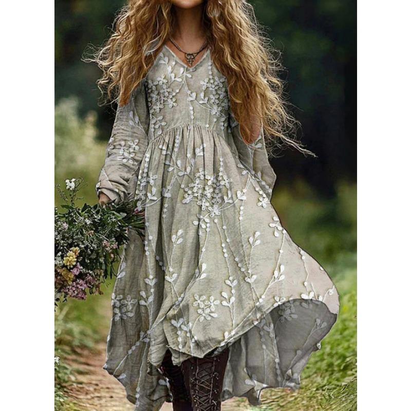 

DAFIFY Женская мода Весна Осень Цветочный принт Длинный рукав V-образный вырез Свободная талия Повседневные платья XXXXXL