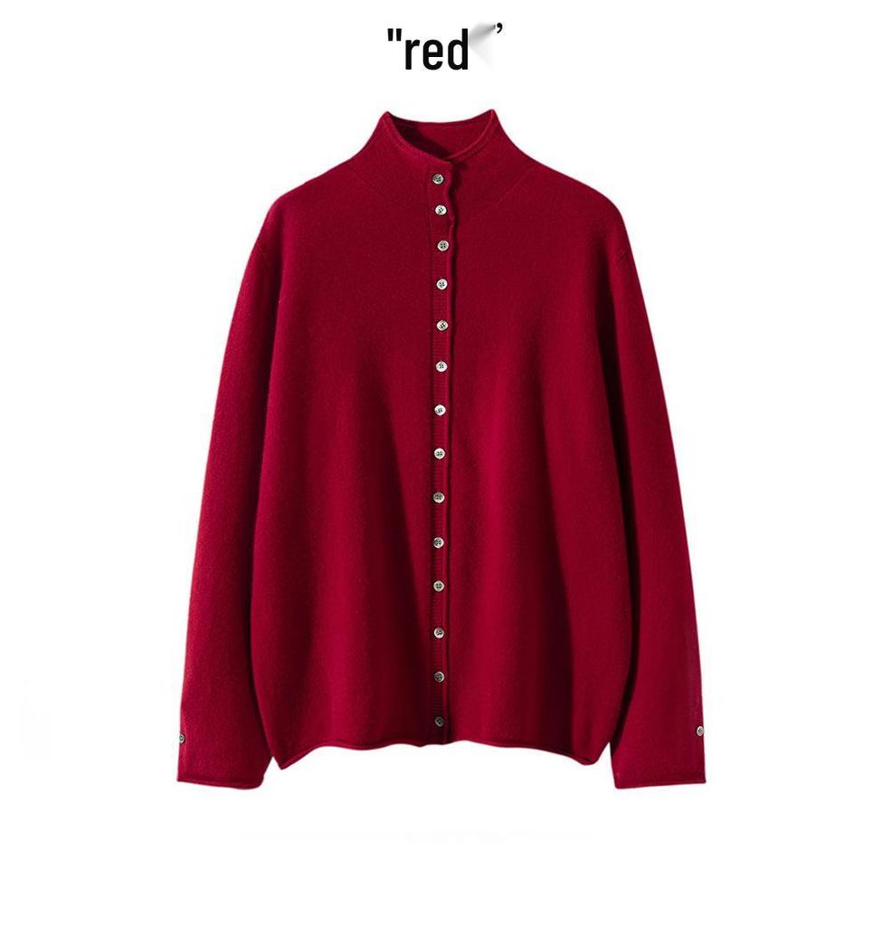 Design-Conscious Pure Cashmere Twelve-Stitch Roll-Edge Turtleneck Cardigan - Autumn/Winter Solid Color Loose Fit